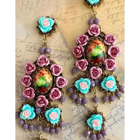 Michal Negrin Chandelier Earring Pink Turquoise Rose Bohemian Victorian Designer - Picture 4 of 5
